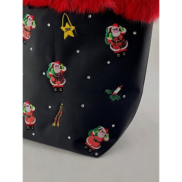 VTG Christmas Holiday Tote Bag Black Red Faux Fur Trim Embroidered Santa Sequin - Picture 14 of 14